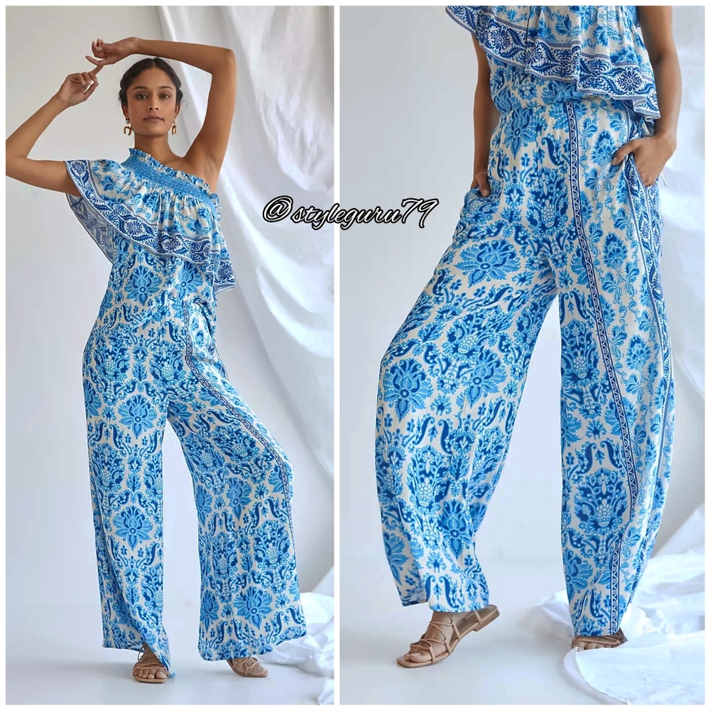 NWT, Anthropologie, Plenty by Tracy Reese Paisley Wide-Leg Blue Pants